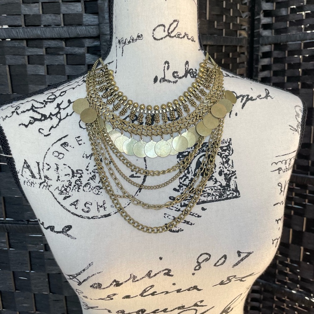 Gold Tone Metallic Bib Statement Necklace